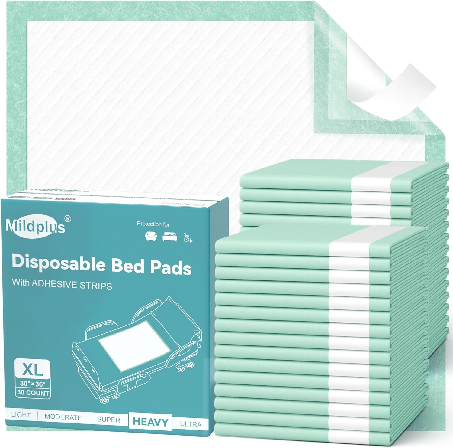 MILDPLUS Bed Pads with Adhesive Strips 30”X36”, 30 Count Chucks Disposable Underpads Extra Large Thicker Incontinence Pads for Unisex Adult, Senior, Kids and Pet (with Adhesive )