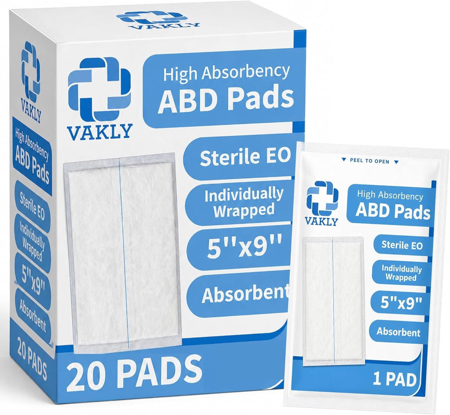 Vakly ABD Pads 5×9 Sterile (20 Pack) – Abdominal Combine Gauze Pads, High Absorbency Non-Adherent Wound Dressing for Heavy Drainage & First Aid, Individually Wrapped