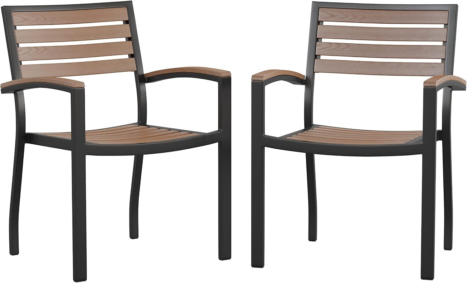 Flash Furniture Stackable Aluminum Patio Chair – All-Weather Black Framed Side Chair with Faux Teak Slats – Commercial Grade – Set of 2