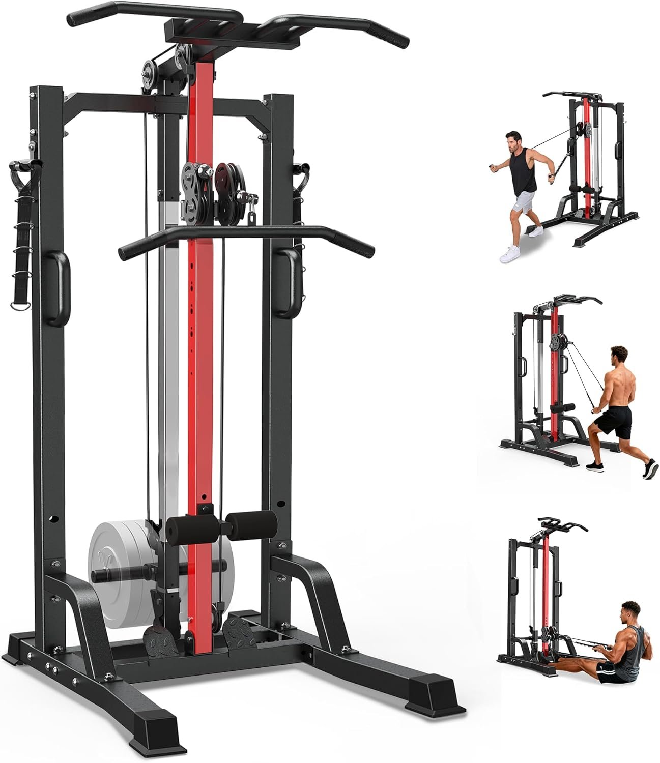 pooboo 450LBS All-in-One Home Gym Functional Trainer with LAT Pulldown System, Power Cage & Cable Crossover Machine, Squat Rack with Dual Pulley System and Dip Bars, Armrest Pads