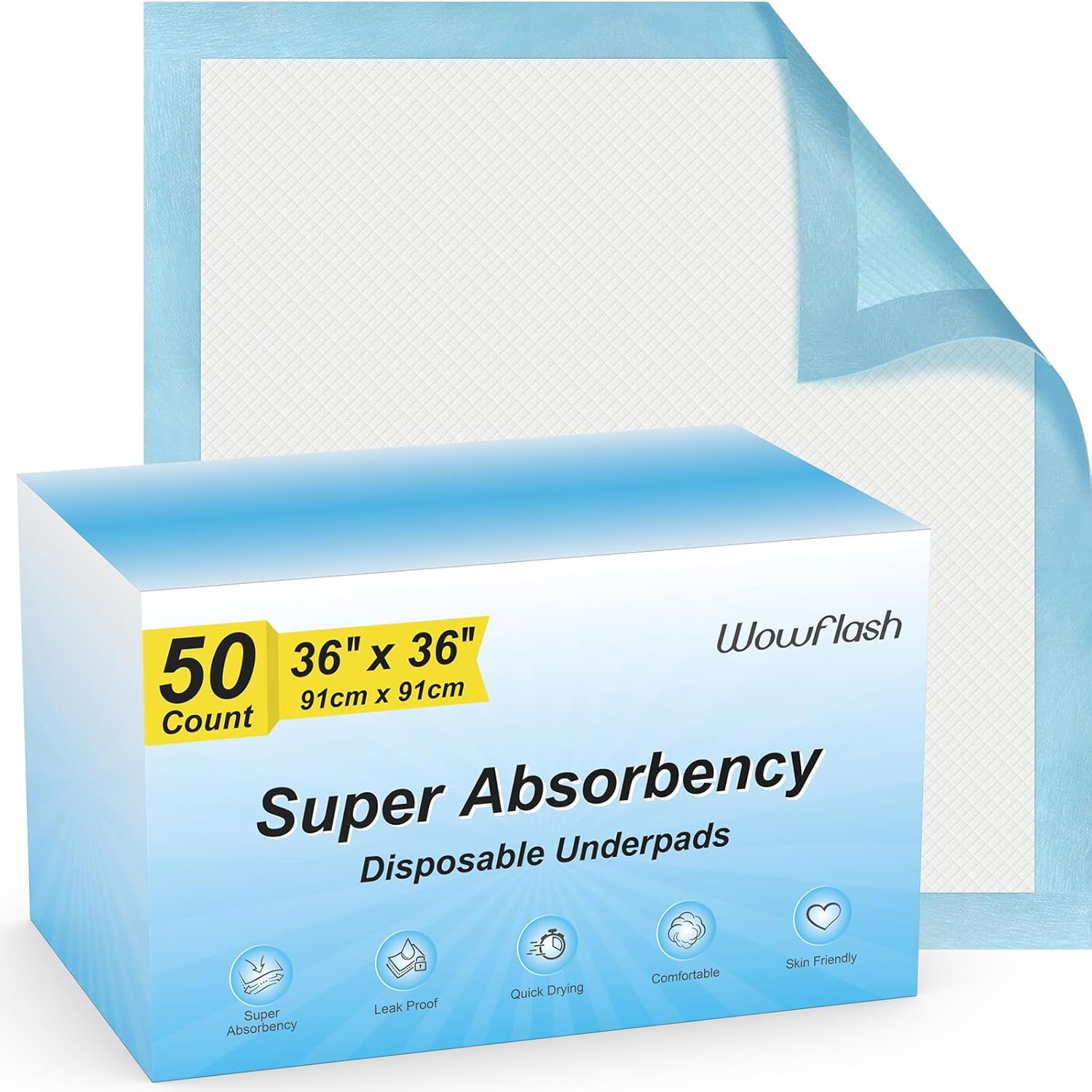 50 Count 36″ x 36″ Super Absorbency Disposable Underpads – Leakproof Quick Drying Pads for Baby, Puppy & Adults, Bed Pads, Incontinence & Dog Pee