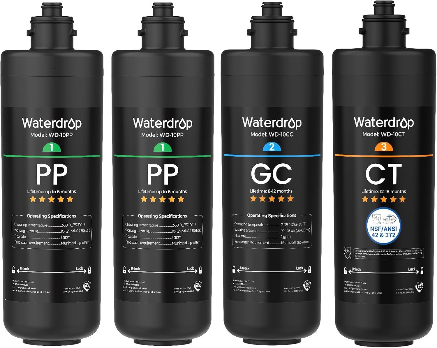 Waterdrop TSA 3-Stage Replacement Water Filter, 1-Year Replacement Pack, 4-Pack (2 x 10PP, 1 x 10GC, 1 x 10CT), Replacement for Waterdrop TSA & TSB 3-Stage Under Sink Water Filtration System