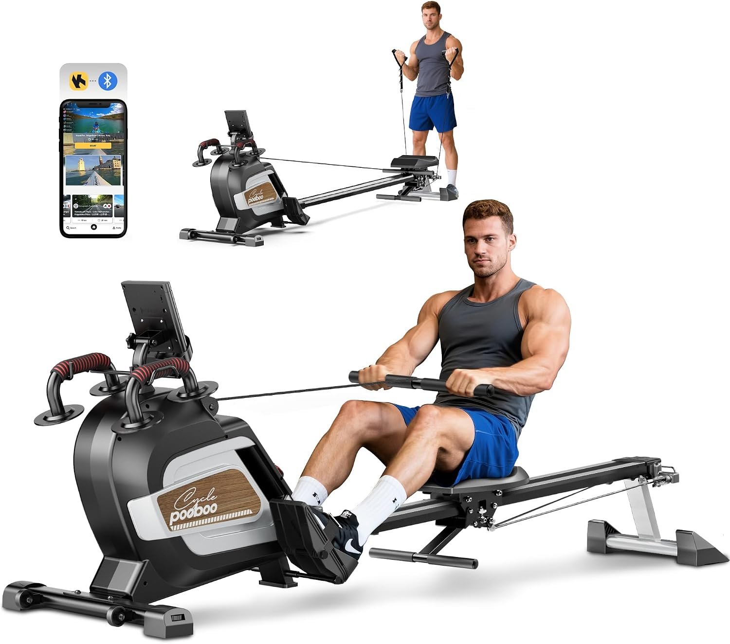 pooboo Rowing Machines for Home, Magnetic Rowing Machine with Adjustable Resistance, Folding Rower Machine of Quiet, 350lbs Weight Capacity, Comfortable Seat Cushion, LCD Monitor, App Support