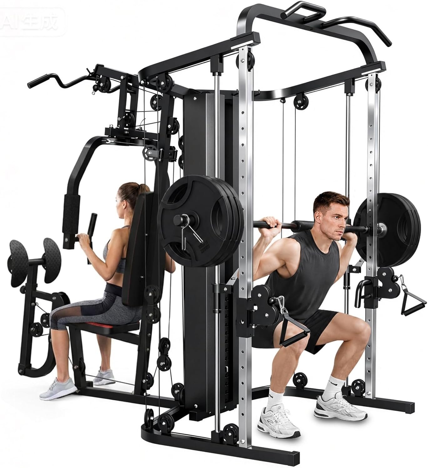 SunHome Multifunction Home Gym Equipment Workout Station, Smith Machine with 138LB Weight Stack, Leg Press, LAT Station for Full Body Training
