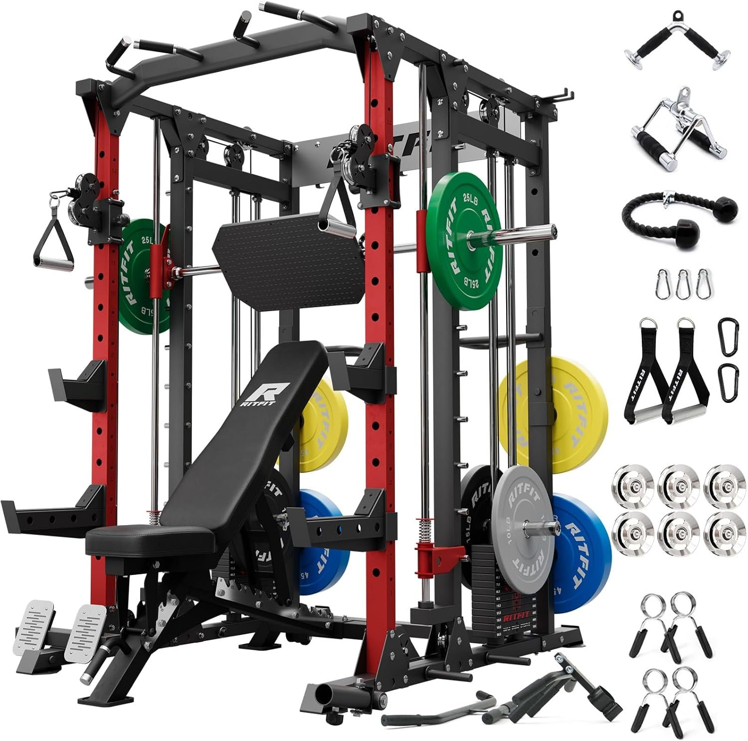 RitFit Buffalo Smith Machine Package, All-in-One Power Cage with Weight Stack , Power Rack with Cable Crossover & Leg Press Attachment for Home Gym