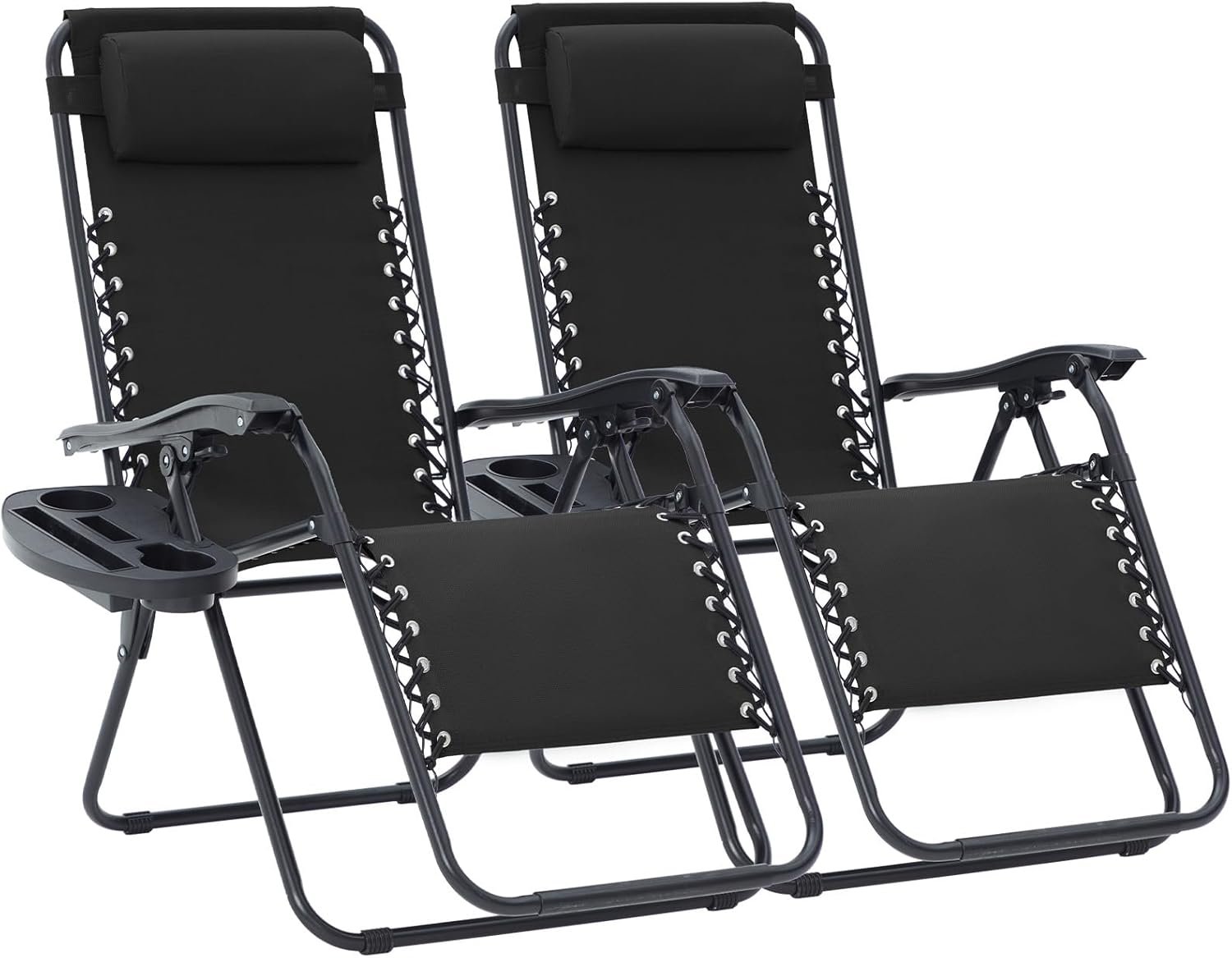 JEAREY Zero Gravity Lounge Chairs Set of 2, Adjustable Steel Mesh Recliners w/Pillows and Cup Holder Trays for Patio, Garden, Beach, Black