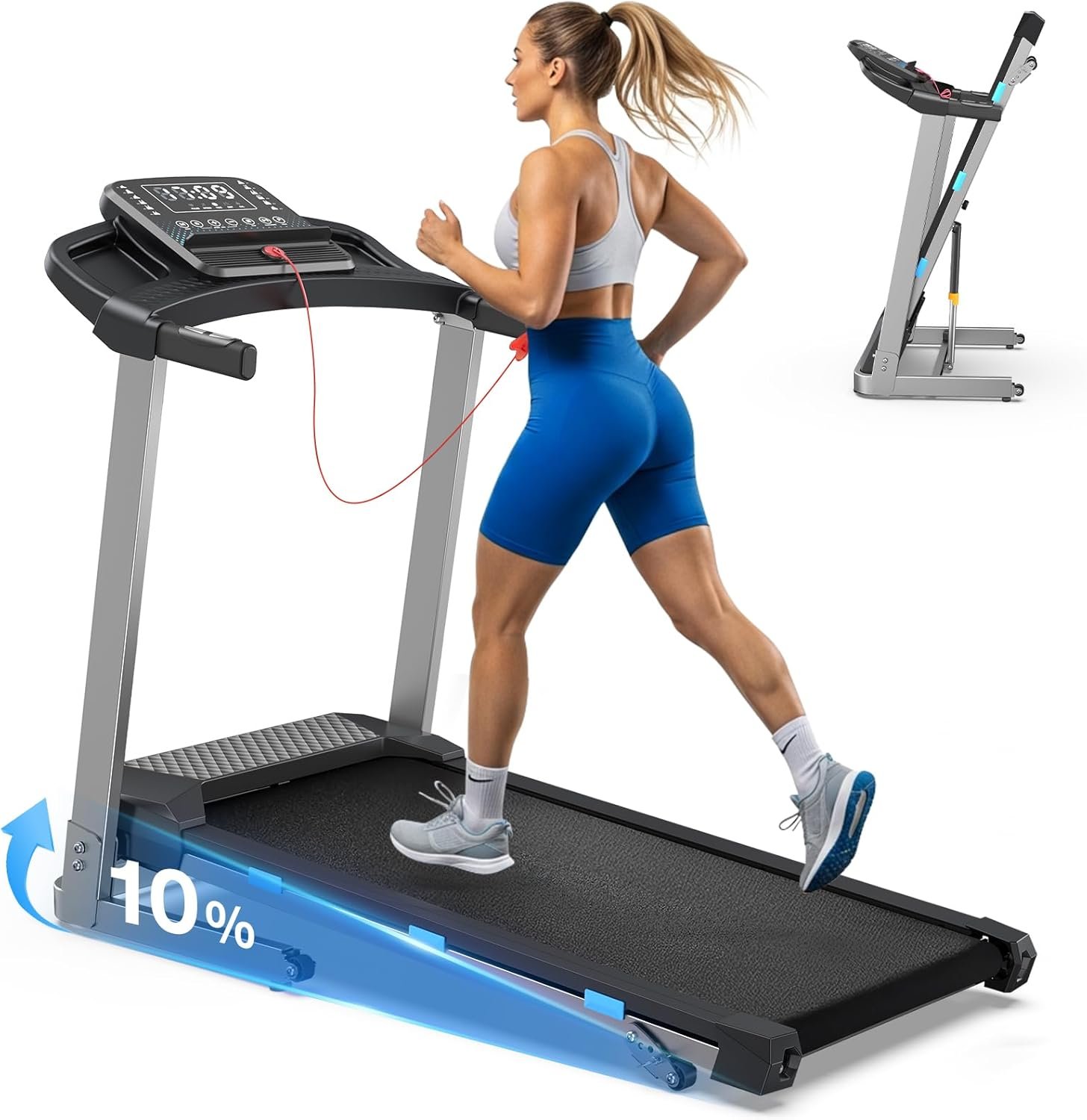 COZYINN Folding Treadmill with Incline, 3.5HP Quiet Treadmills for Home 400 lb Capacity, Running Machine with Pulse Sensor and Bluetooth Speaker, 7.6 MPH, App, Wide Belt, Space-Saving Design