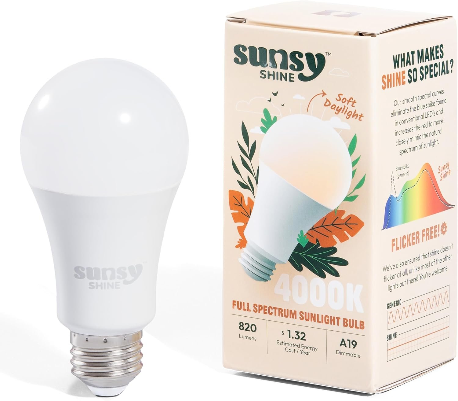 sunsy Shine Full-Spectrum A19 LED Sunlight Bulb – 4000K Warm White (Gentle Sun) – Flicker-Free (