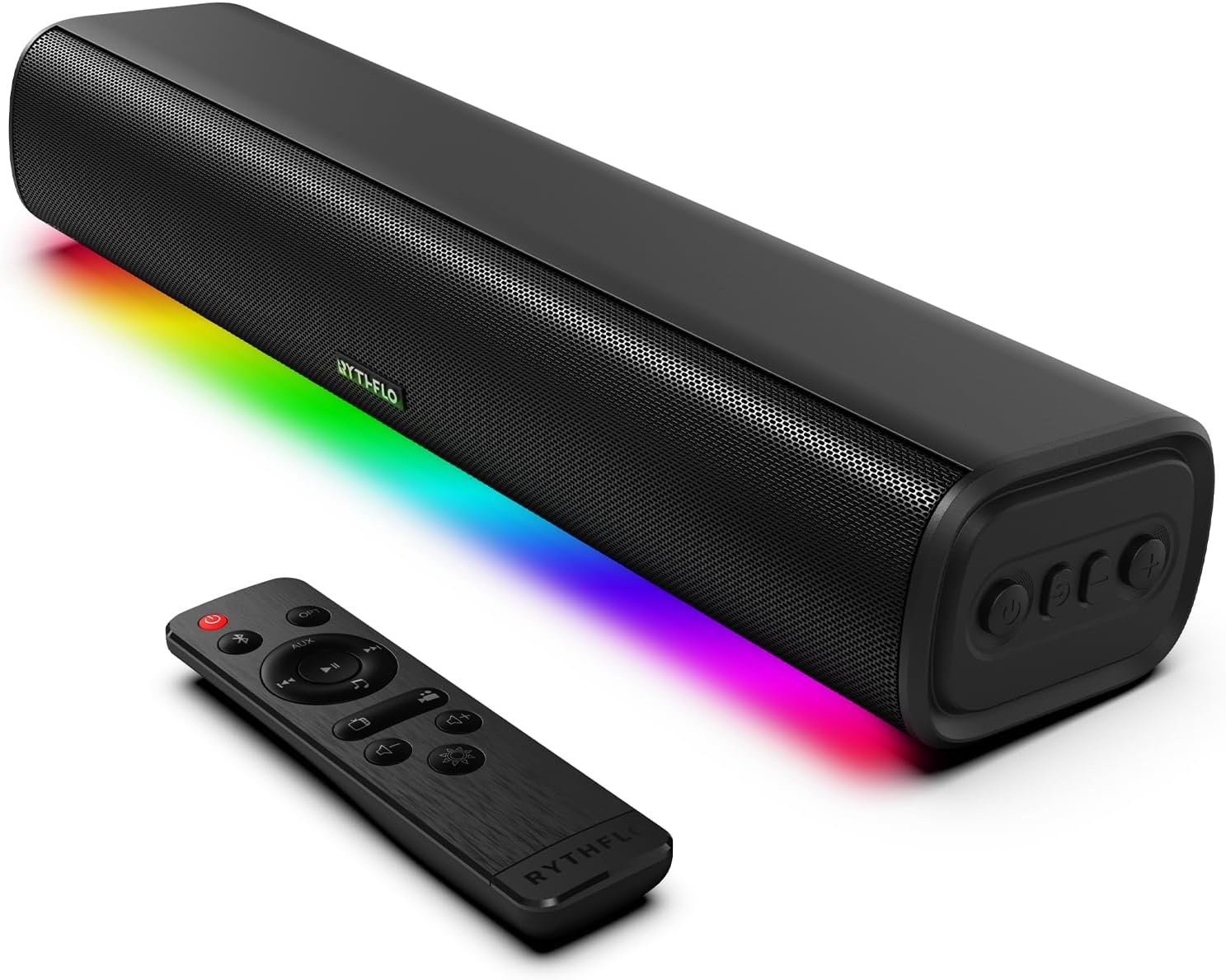 Rythflo Sound Bar for Smart TV, 16’/60W Soundbar with Impactful Bass, Dynamic Light and Remote Control, Wall Mountable TV Speakers with Bluetooth/Optical/3.5MM AUX for Gaming/PC/Projector