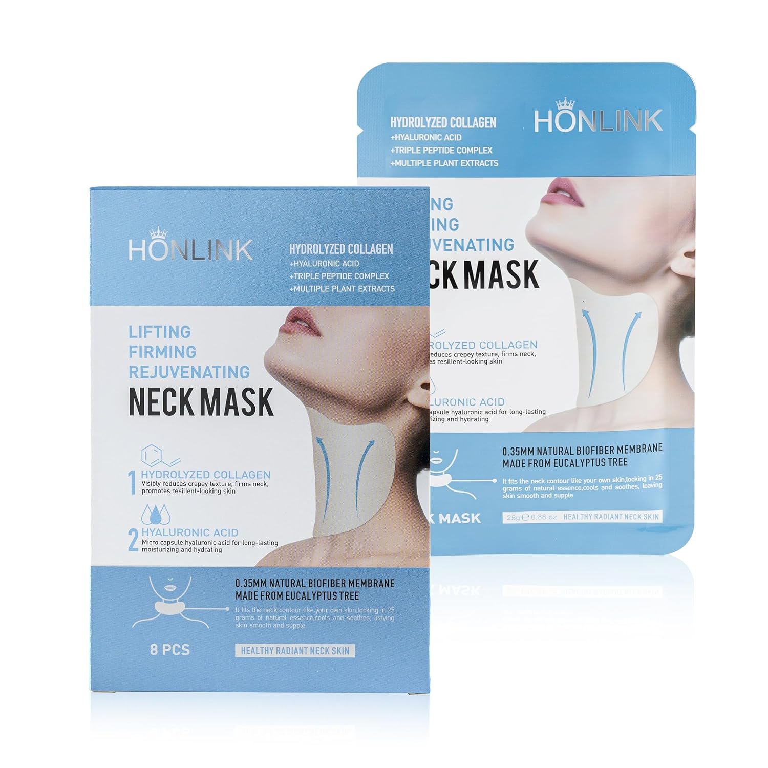 Collagen Neck Mask, Hydrating Neck Care Masks with Hyaluronic Acid, Collagen & Peptides, Moisture Support for Soft & Smooth Looking Neck Skin, 8 Individually Packed Masks