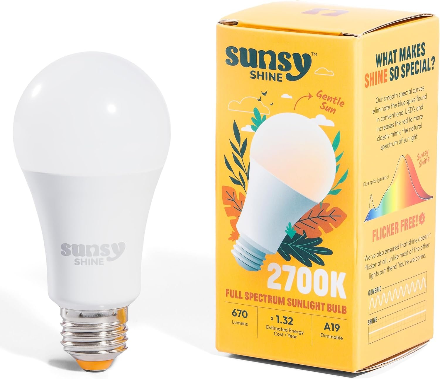 sunsy Shine A19 Full-Spectrum LED, 2700K Soft White, CRI 97, Flicker-Free | E26 base, dimmable, 670 lm at 11W, ETL & FCC certified, low-EMF, no UV or IR, 25,000-hr lifespan, 3-yr warranty, US-based
