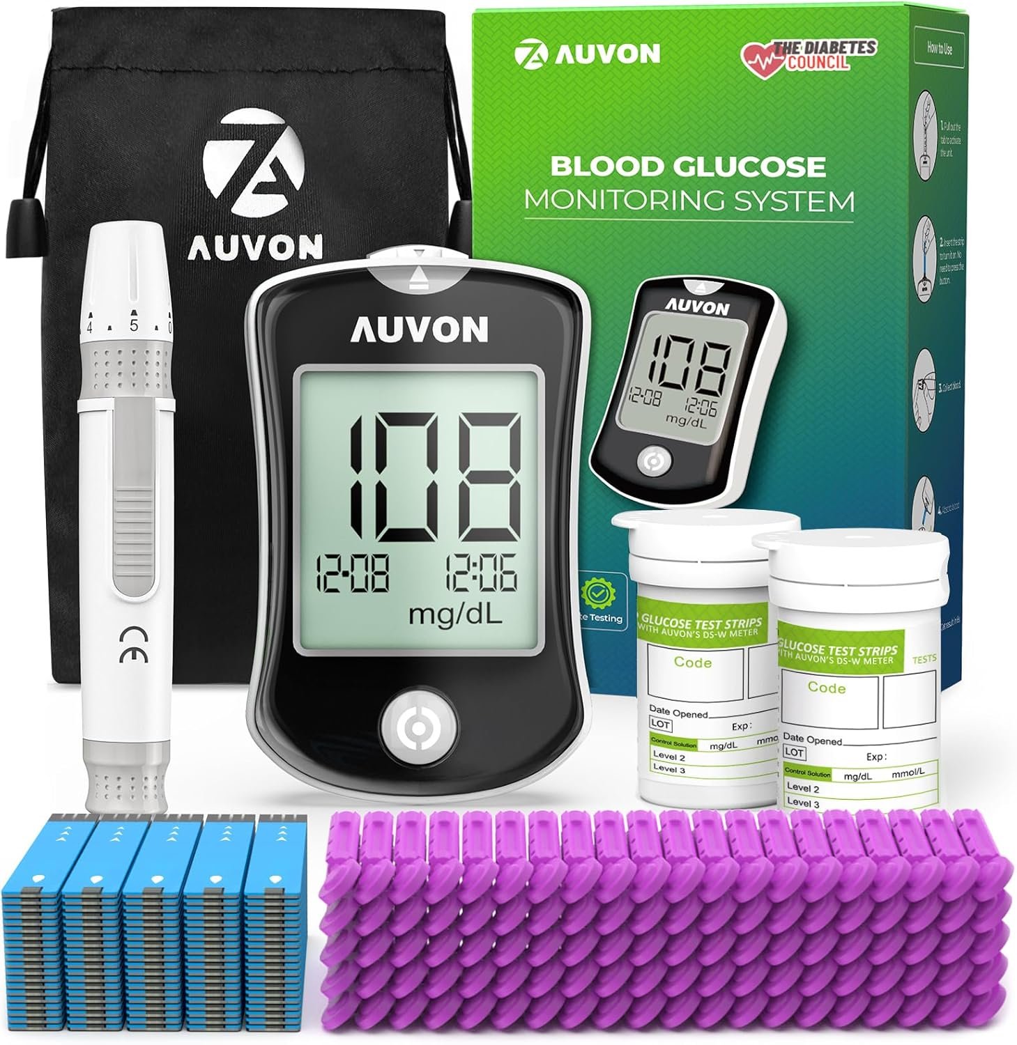 AUVON Blood Glucose Monitor Kit for Accurate Test, Diabetes Testing Kit with 100 Glucometer Strips, 100 30G Lancets and Lancing Devices, DS-W Portable Sugar Test Kit, No Coding