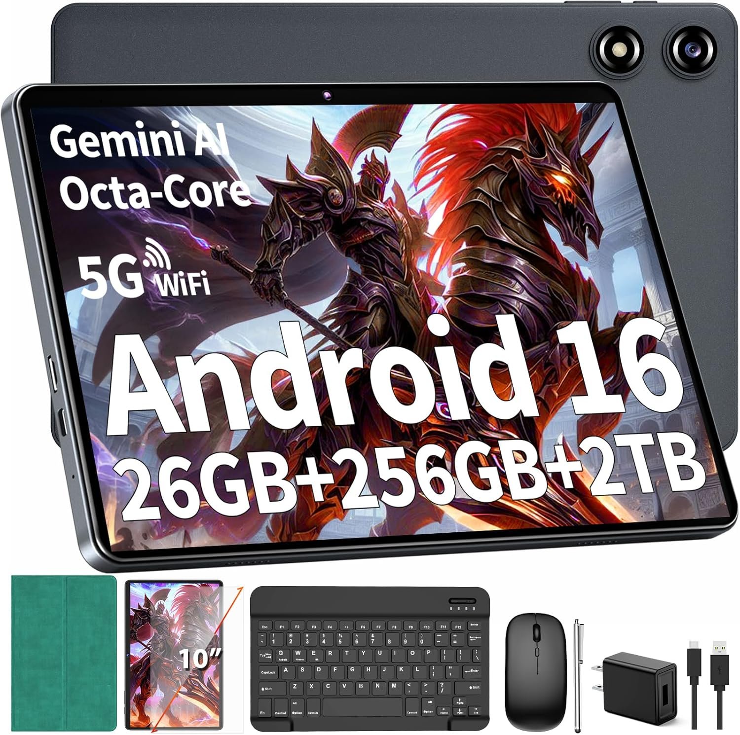 Android Tablet with Keyboard – Android 16 tablet with 26GB+256GB+2TB Expand, 10 inch Tablet with 8-Core, Gemini AI, 5G WiFi, 8000mAh, GPS, GMS, Electronic Tablet PC with Case/Mouse/Stylus-Green Case