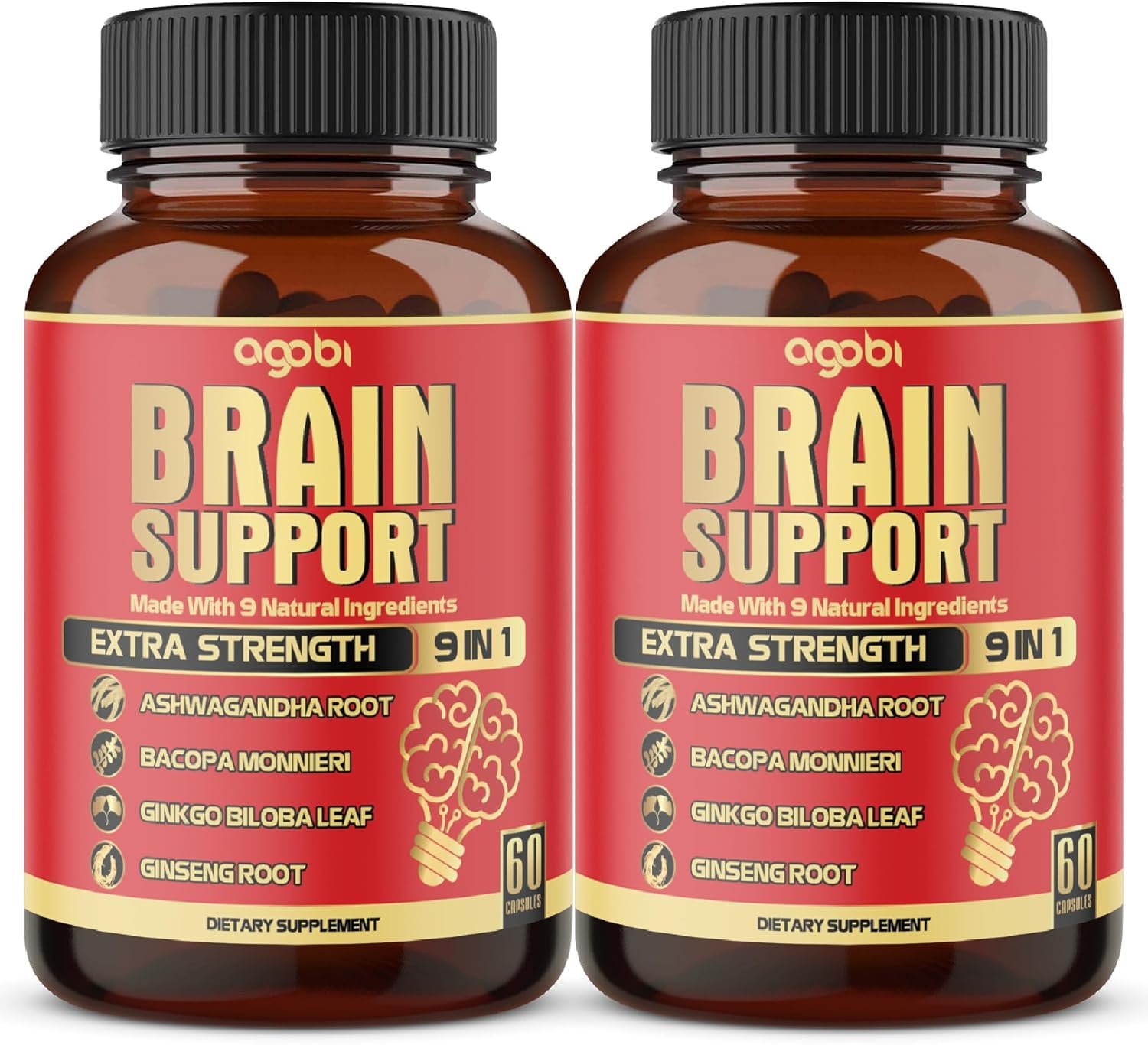agobi 9in1 Brain Support Supplement – 2 Packs 60 Counts Blended Ashwagandha, Panax Ginseng, Gotu Kola, Ginkgo, Black Pepper & More – Accuracy, Focus, Memory & Energy Production Support