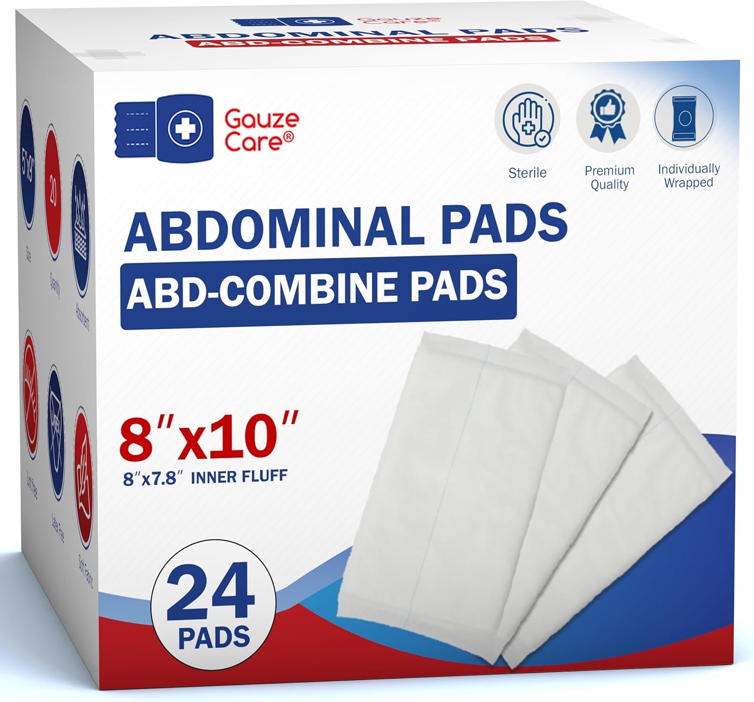 GauzeCare Sterile Abdominal- ABD Combine Pads| 24-Pack, 8×10 Inches| Extra Absorbent & Thick, Individually Wrapped Wound Dressing, First Aid Pads| Surgical-Grade, Nonstick- for Heavy Leakage, Post Op