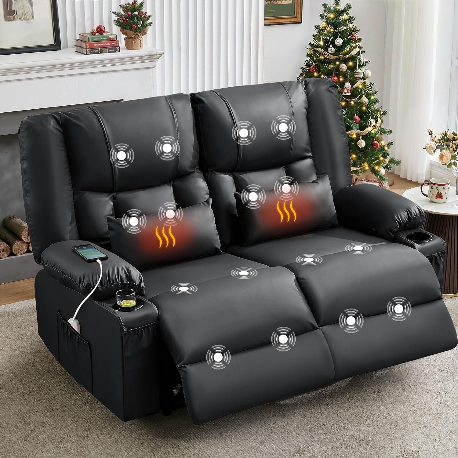 MAHOMICO Recliner Loveseat with Massage and Heating, with Cup Holders and 2 USB Port for Living Room Love Seat Manual Oversized Recliner