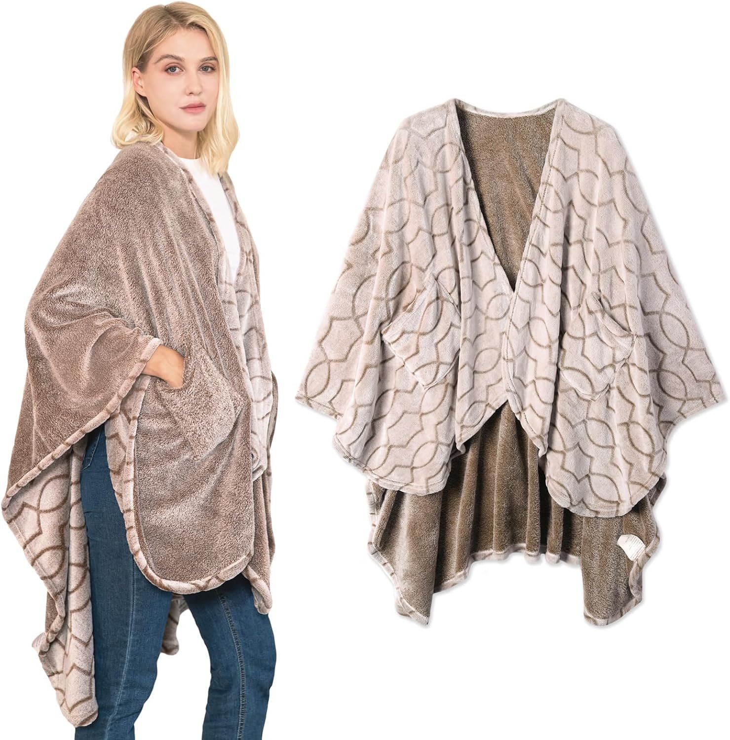 Bcareself Double-Sided Wearable Blanket Ultra Soft Flannel Shawl Blanket, Reversible Blanket,with Pockets, for Women and Men
