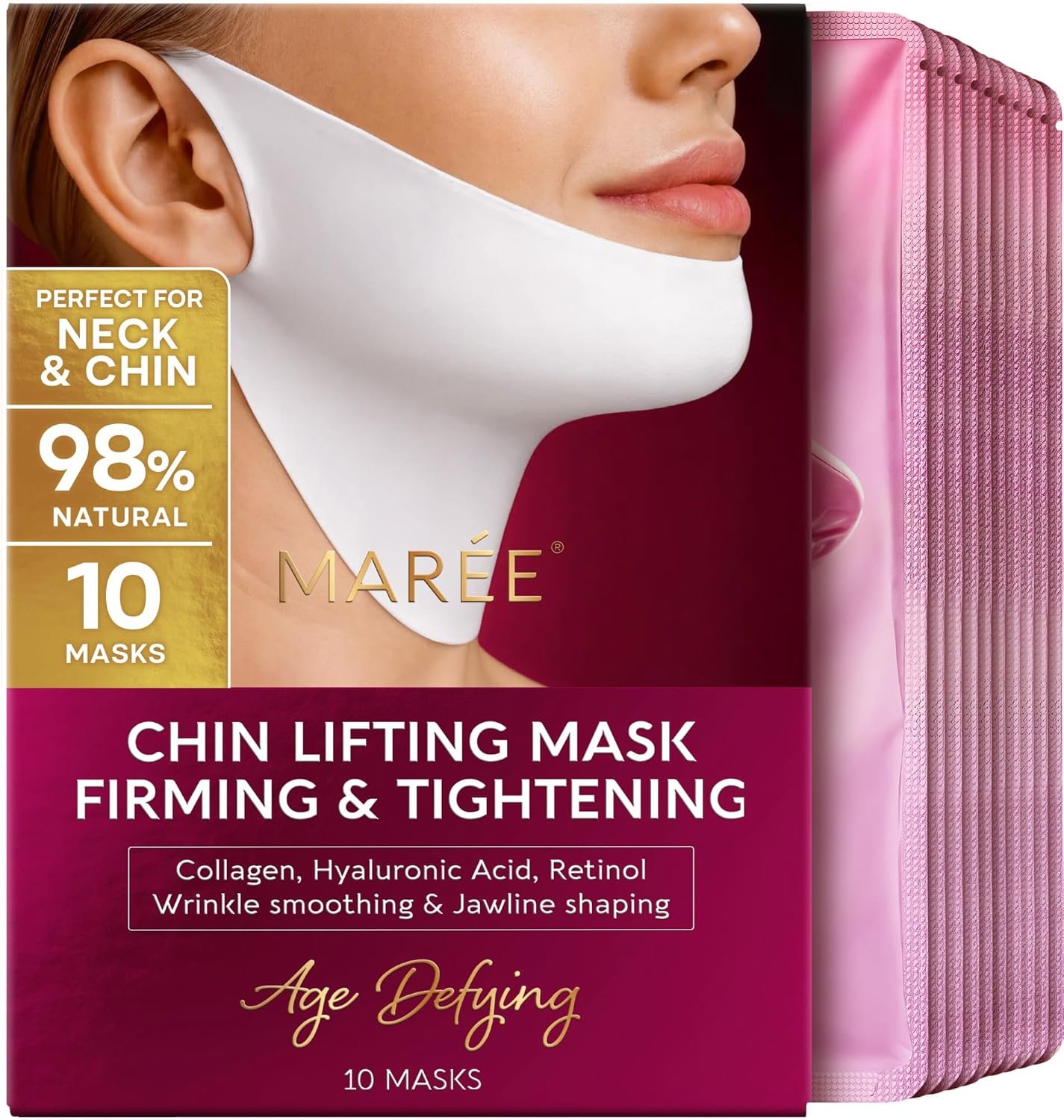 MAREE V Line Lifting Mask – Anti Aging Neck Lift Tape & Chin Strap for Sleeping – Tightening and Lifting Neck Wrinkle Patch and Double Chin Reducer for Face Lift – Depuffer Jawline Shaper Facial Masks