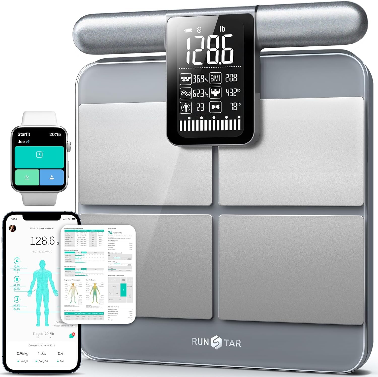 RunStar 8-Electrode Scale for Body Weight, Accurate Body Composition Scale with BMI Body Fat Muscle Mass 28 Metrics, Rechargeable Body Analyzer with Large Screen Handle, 400lb, Silver