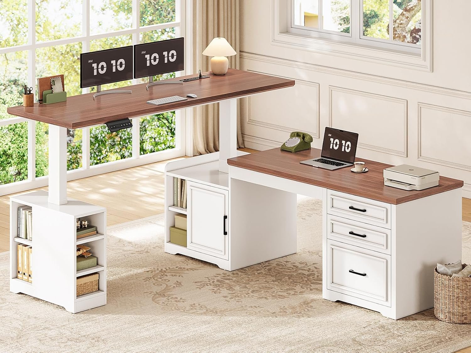 SEDETA Farmhouse L Shaped Electric Standing Desk, 63″ x 67″ Height Adjustable Home Office Executive Desk with Drawers, Standing Computer Desks with Power Outlet for Home Office, White+Brown