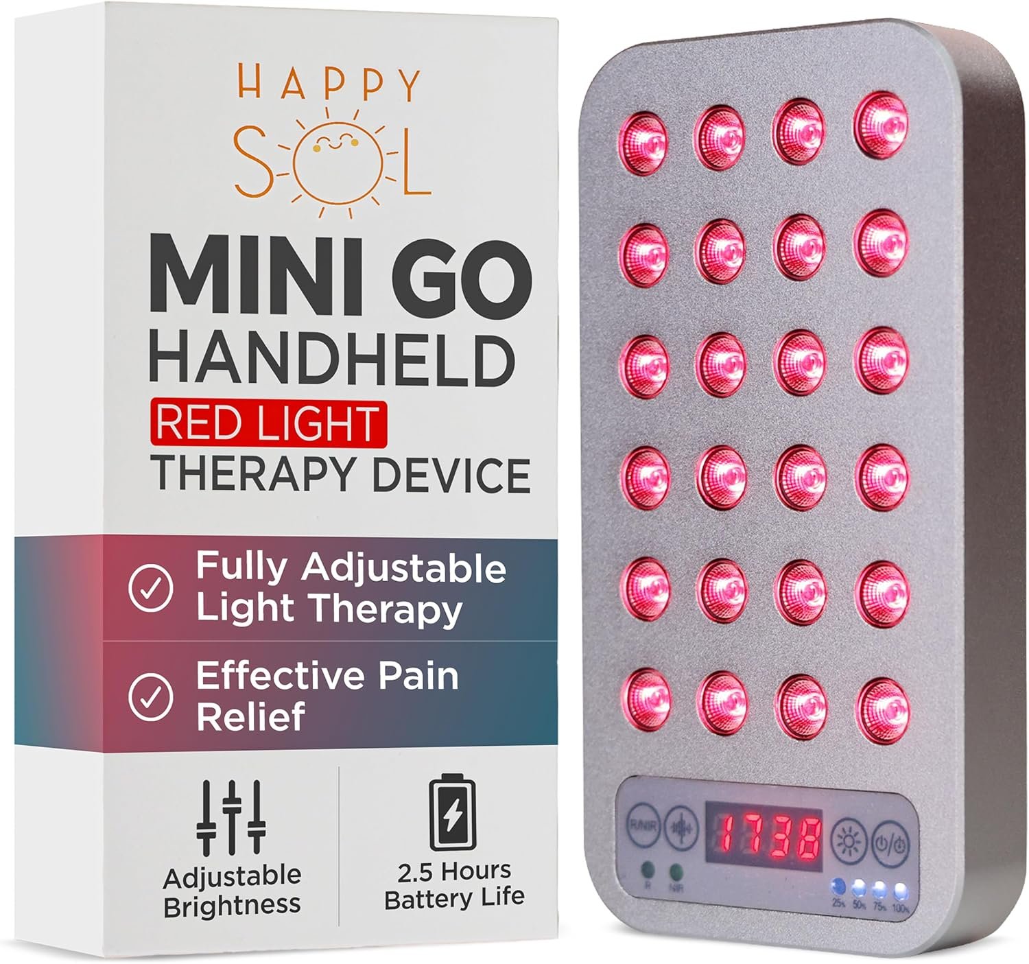 Happy Sol The Mini Go Handheld Red Light Therapy Device, 24 LEDs, 5 Brightness Levels, Adjustable Frequencies, Rechargeable Battery, Red and Infrared Light Therapy, On The Go Light Therapy, Gray