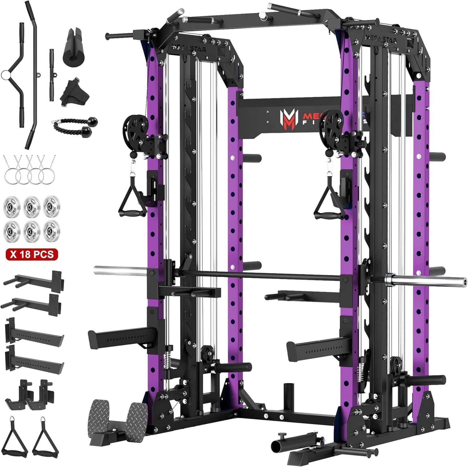 Smith Machine, 2600LBS Squat Rack, 7-in-1 Home Gym Cage with Adjustable Safety Bars, Pull-Up & LAT Pulldown