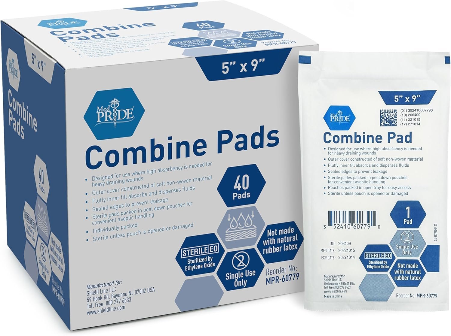 MED PRIDE Combine ABD Pads 5 x 9 Inch, 40 Count Sterile Abdominal Pads, High Absorbency Wound Dressings, Individually Wrapped, Latex Free, Single Use