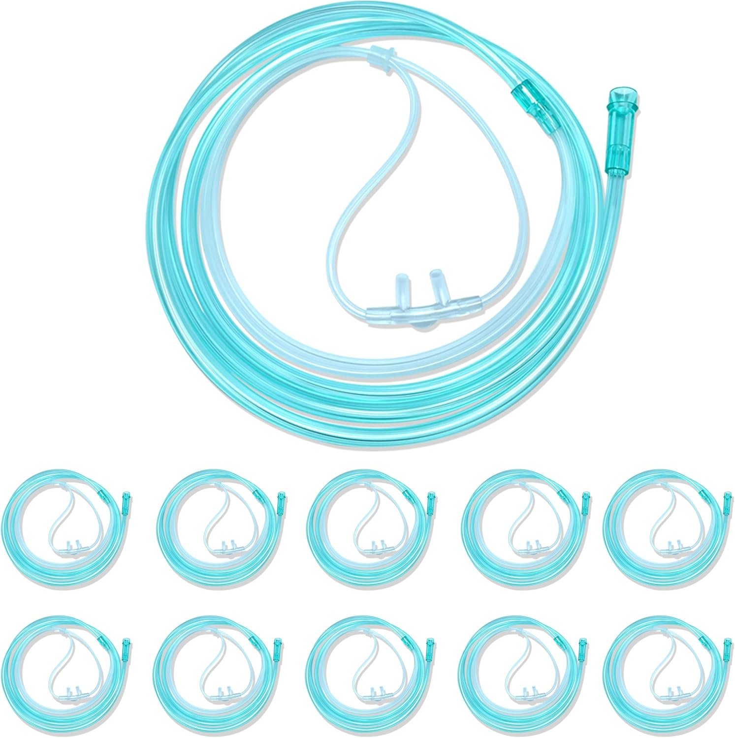 10 Pack High-Flow Soft Nasal Oxygen Cannula, Standard Connector 7 Ft, Green Tubing and Each Individual Packing
