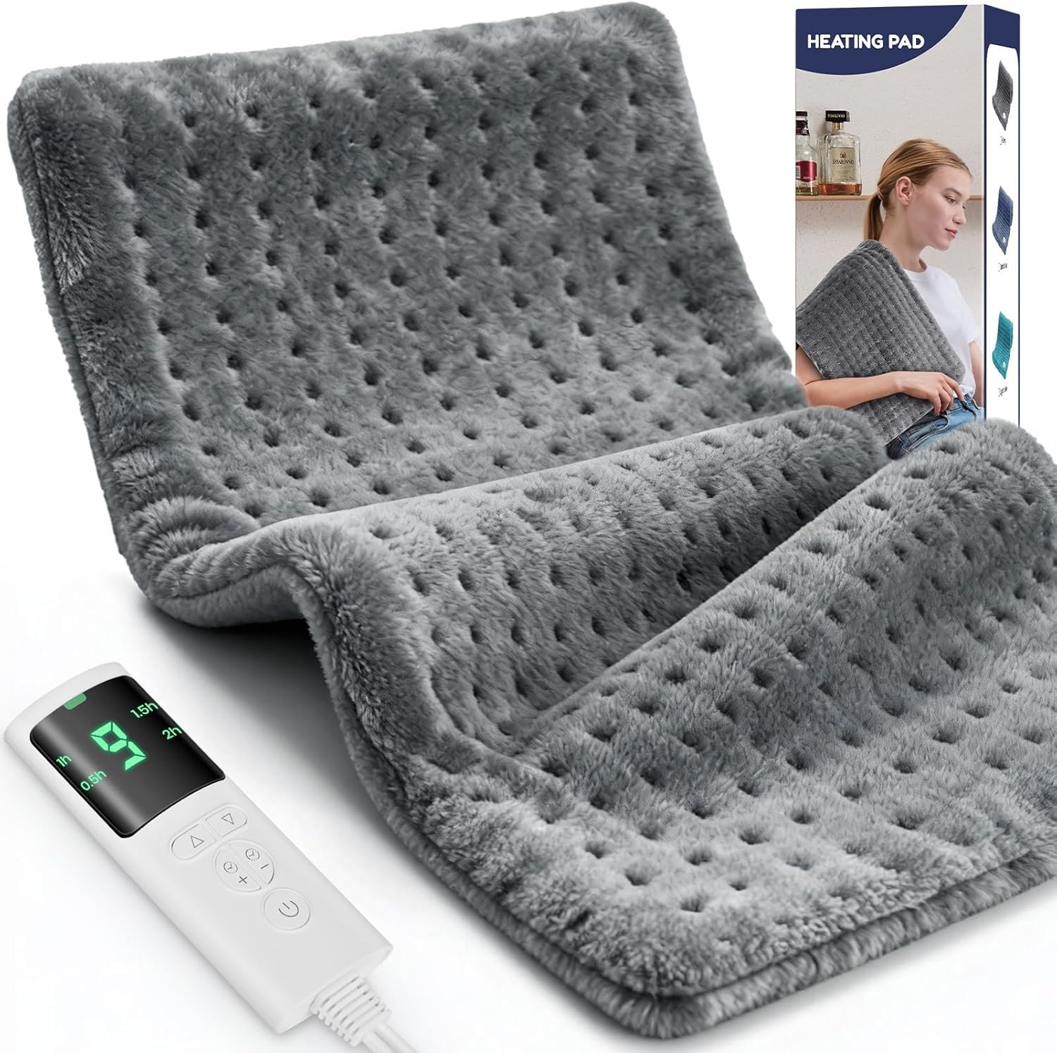 Extra Large Heating Pad for Back Pain Relief, 33″x17″ Electric Heat Pad for Neck, Shoulders, Cramps, Menstrual Pain, 9 Heat Settings & 4 Auto-Off Timers, Soft Machine Wash Fabric, Gifts for Lover Gray