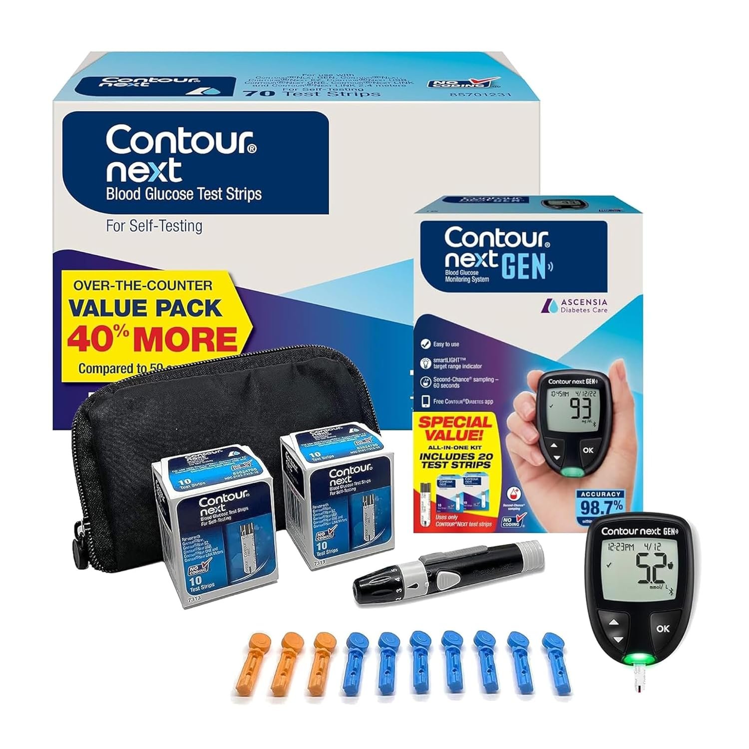Ascensia CONTOUR NEXT GEN Blood Glucose Monitoring System – All-in-One Kit for Diabetes with Glucose Monitor and 90 Test Strips For Blood Sugar & Glucose Testing