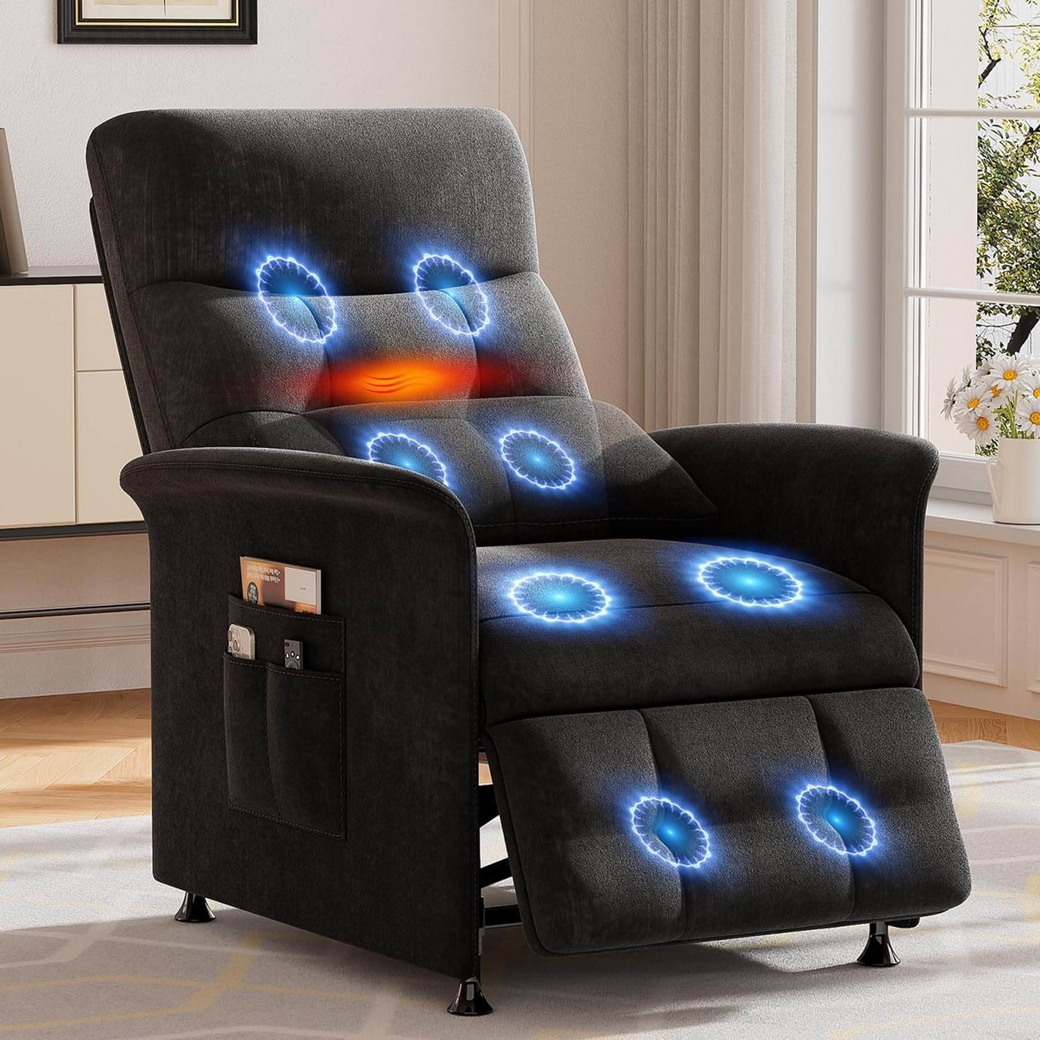 Power Recliner Chair for Adults with Heat & Massage – Soft Fabric Electric Reclining Sofa with Remote Control, 3 Side Pockets, 180° Lay Sleeper for Living Room Home Theater, Black