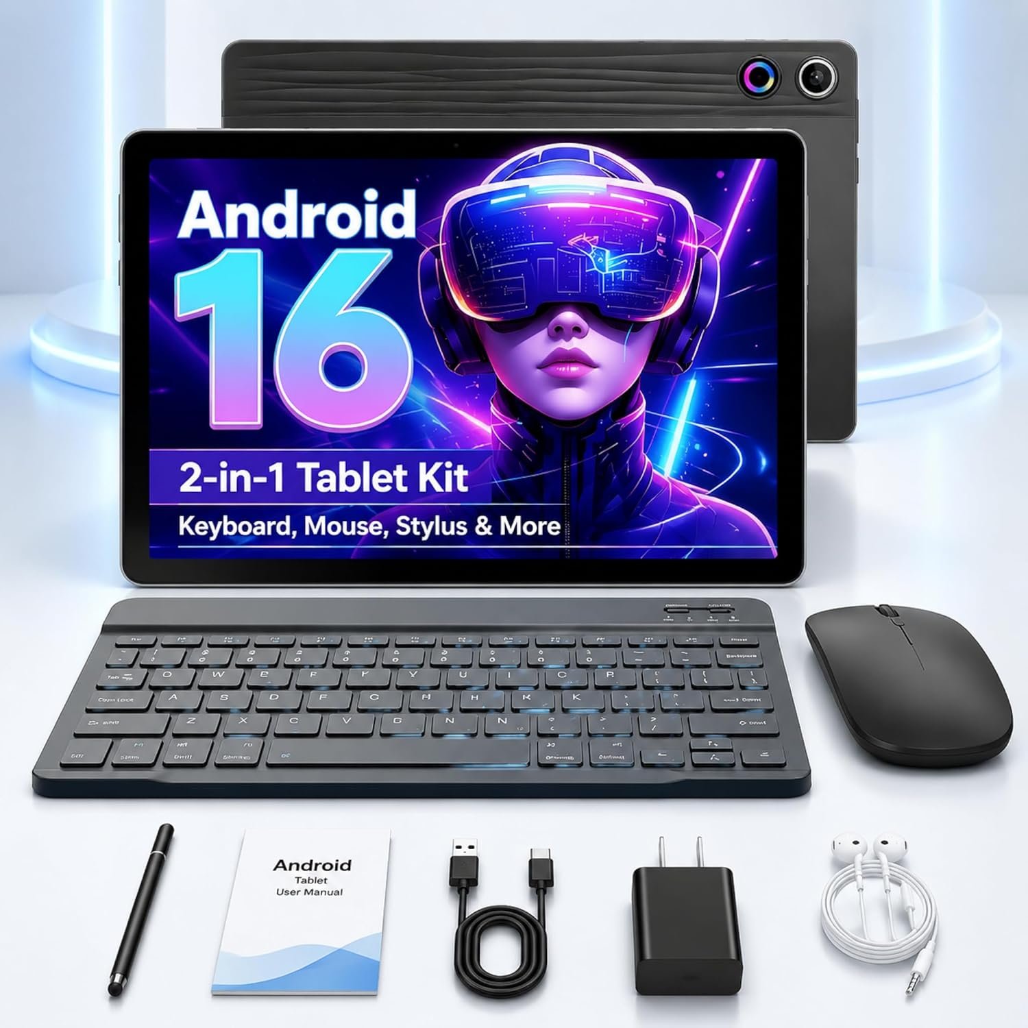 Jeazans Android 16 Tablet 10.1 Inch, 2-in-1 Tablet Bundle with Keyboard, Wireless Mouse, Stylus, Leather Case, Dual Camera, 64GB Storage+1TB Expansion, Portable Laptop for Students & Business