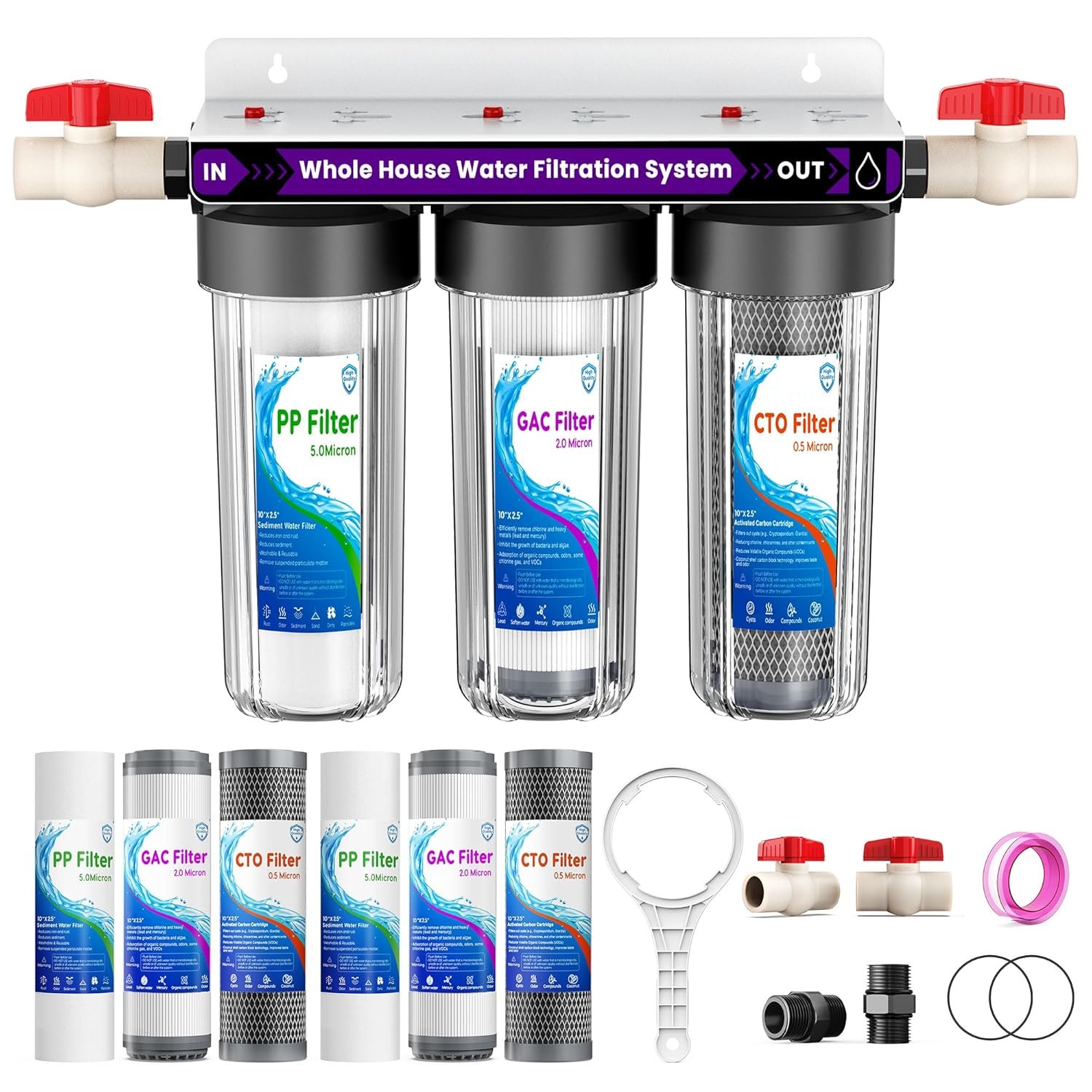 Whole House Water Filter System, 3-Stage Home Water Filtration System, Extra 2 Sets of Filters, 1.5-2 Years Filter Life, Reduce Chlorine Sediment Taste, 3/4″ Ports with 2 Valves, for Well & City Water
