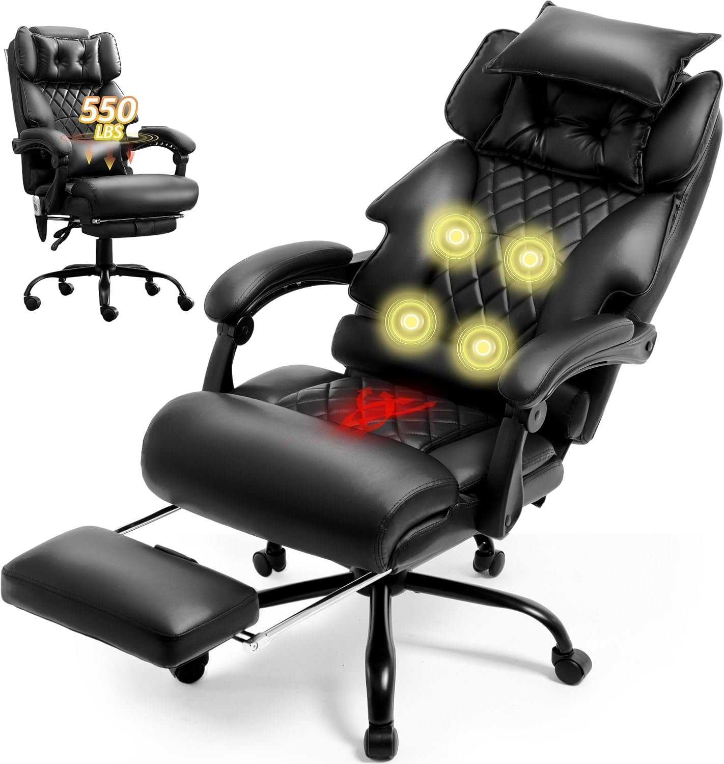 3D Kneading Massage Office Chair with Foot Rest,Executive Office Chairs,Ergonomic Desk Chair for Heavy People,Big and Tall Office Chair 500LBS,Recliner with Dual-Use Pillow,Blackpu