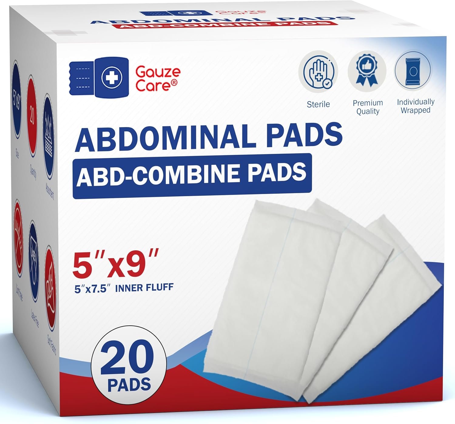 GauzeCare Sterile Abdominal Pads 5×9 inch 20-Pack | Extra Absorbent & Thick, Individually Packed Combine Pads with Non-Stick Outer Layer for Heavy Bleeding Wounds | Perfect for First Aid Kits (IFAKs)