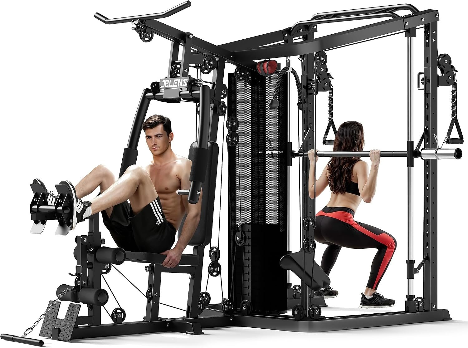 JELENS HM01 Home Gym System, 150LB Weight Stack Smith Machine with LAT Pull-Down & Leg Press, All-in-One Strength Training Equipment, Workout Station for Workout