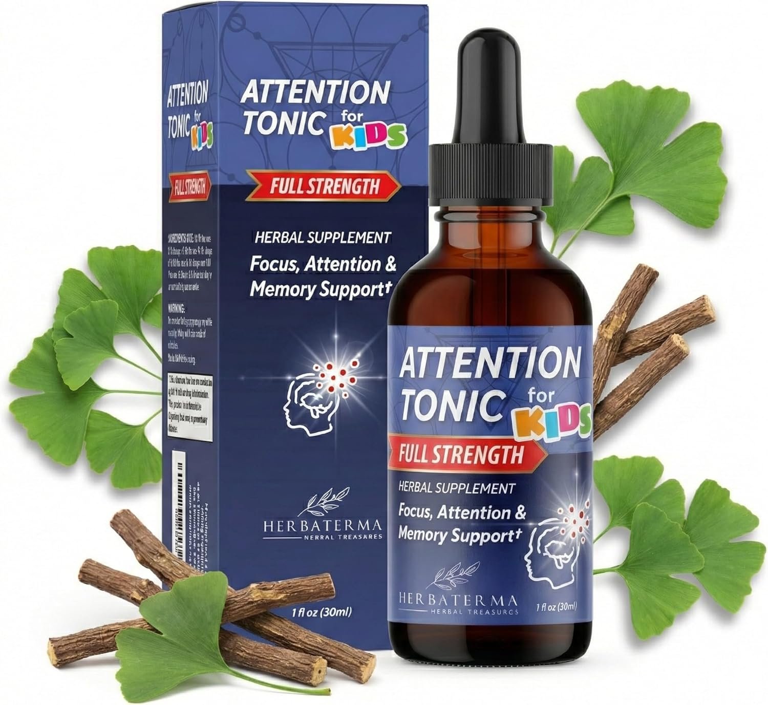 Full Strength Kids Focus and Attention Supplement for Children – Natural Concentration & Memory Support with Ginkgo, Gotu Kola & Rhodiola – Fast-Acting, Alcohol-Free & Sugar-Free – 1 fl oz