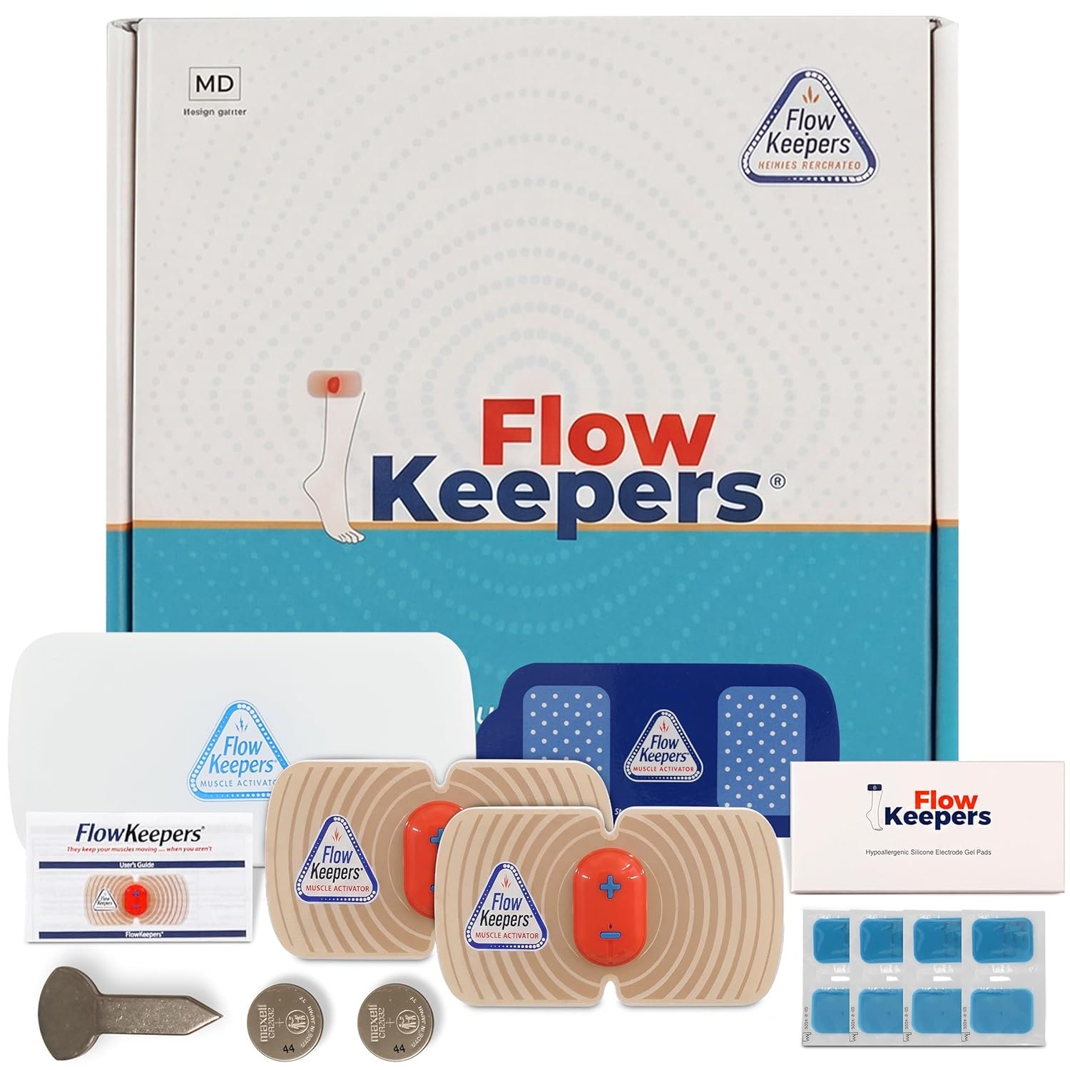 FlowKeepers Calf Stimulator – 10s Interval Leg Circulation Devices, Wireless EMS Muscle Activator, FDA-Cleared, 2-Pack for Travel and Office with Storage Case – Ideal for Tired and Achy Legs