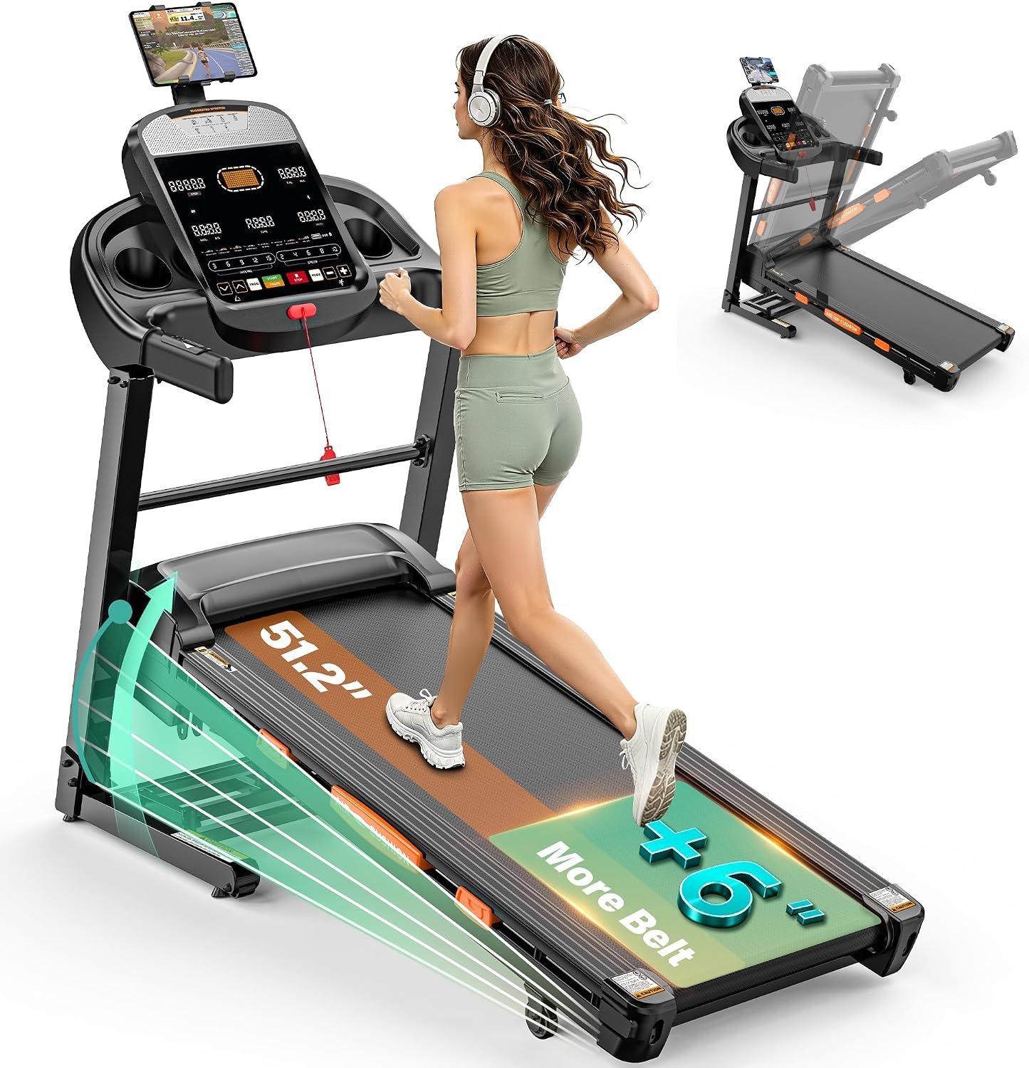 Folding Treadmill with 20% Auto Incline, 5.1HP Treadmill for Home, 12 MPH Max Speed, 400 lbs Capacity Running Machine with 105 Preset Programs, 18.5’‘ Wide Running Belt, Shock Absorption