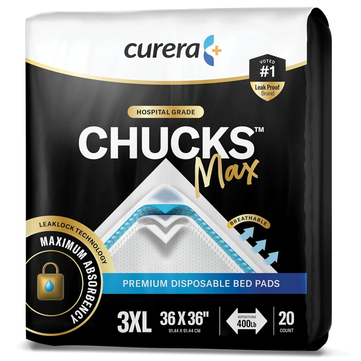 Chucks® MAX Hospital Bed Pads Disposable Adult 36 x 36 Breathable Incontinence Pads – XXX-Large Pee Pads for Adults – Heavy Duty 10X Absorbency Underpads – 400 Lbs. Patient Repositioning [20 Count]