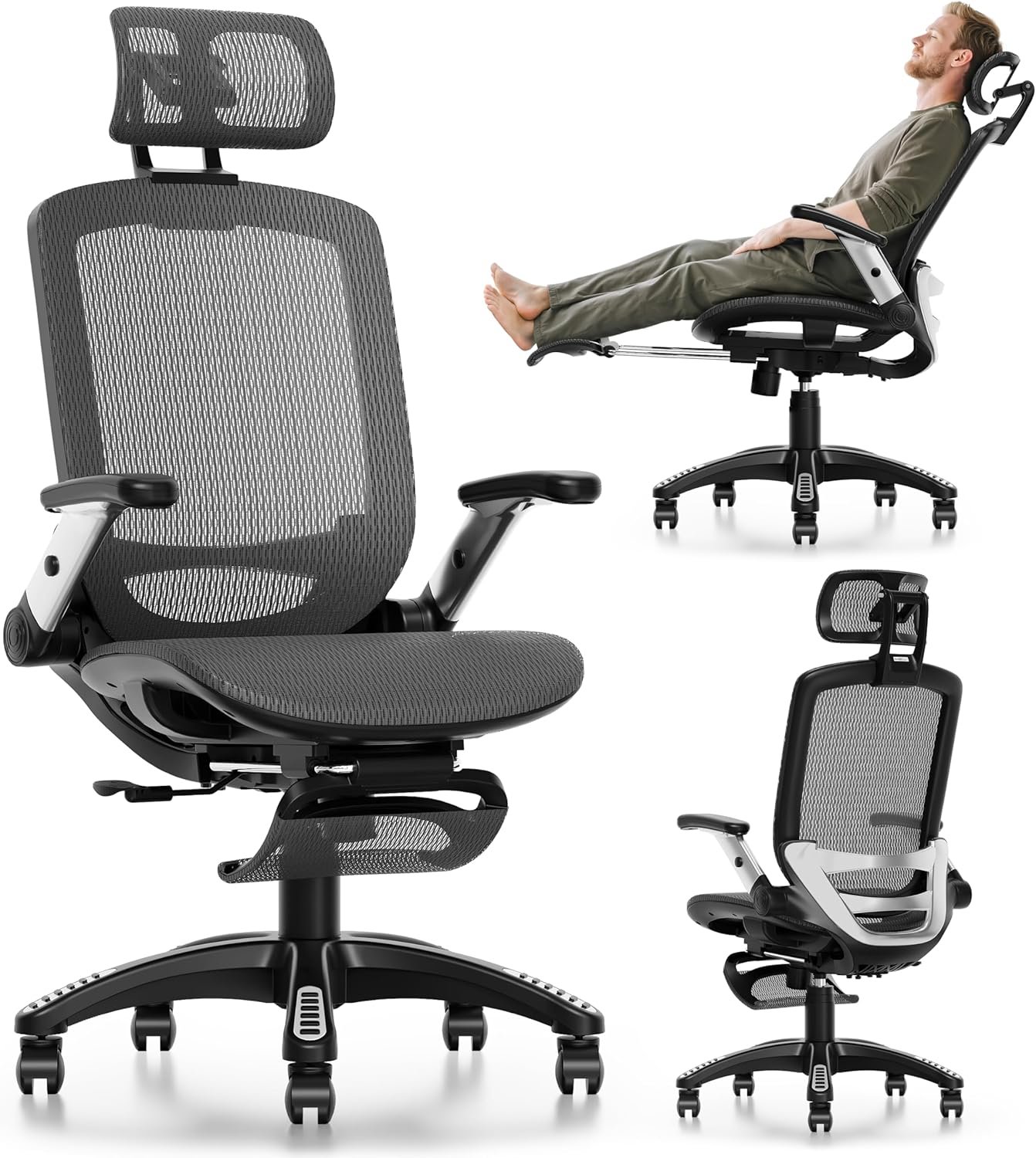 GABRYLLY Ergonomic Office Chair with Footrest, High Back Home Desk Chair – 3D Headrest, Flip-Up Arms, 135° Tilt and Wide Cushion, Heavy Duty Mesh Chairs for Task Computer Gaming, GYB01-FT