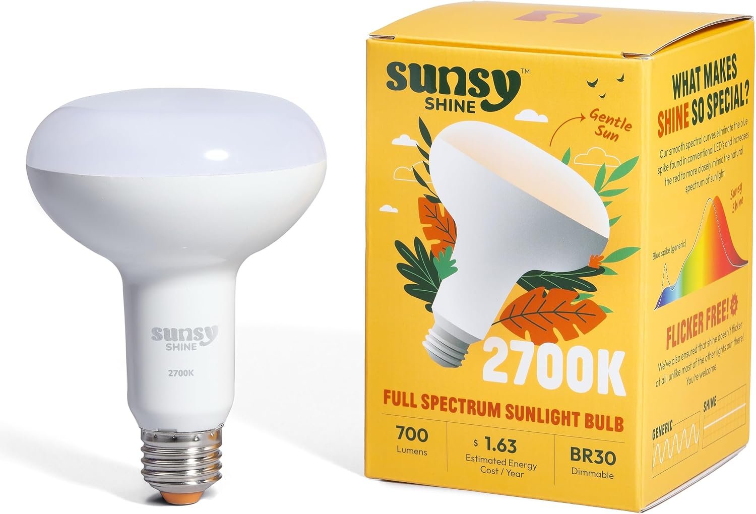 sunsy Shine BR30 Full-Spectrum LED, 2700K Soft White, CRI 96, Flicker-Free | E26 base, 14W (65W eq), 3 color temps (2700/4000/5700K), ETL & FCC, low-EMF, no UV/IR, 25,000-hr lifespan, 3-yr warranty