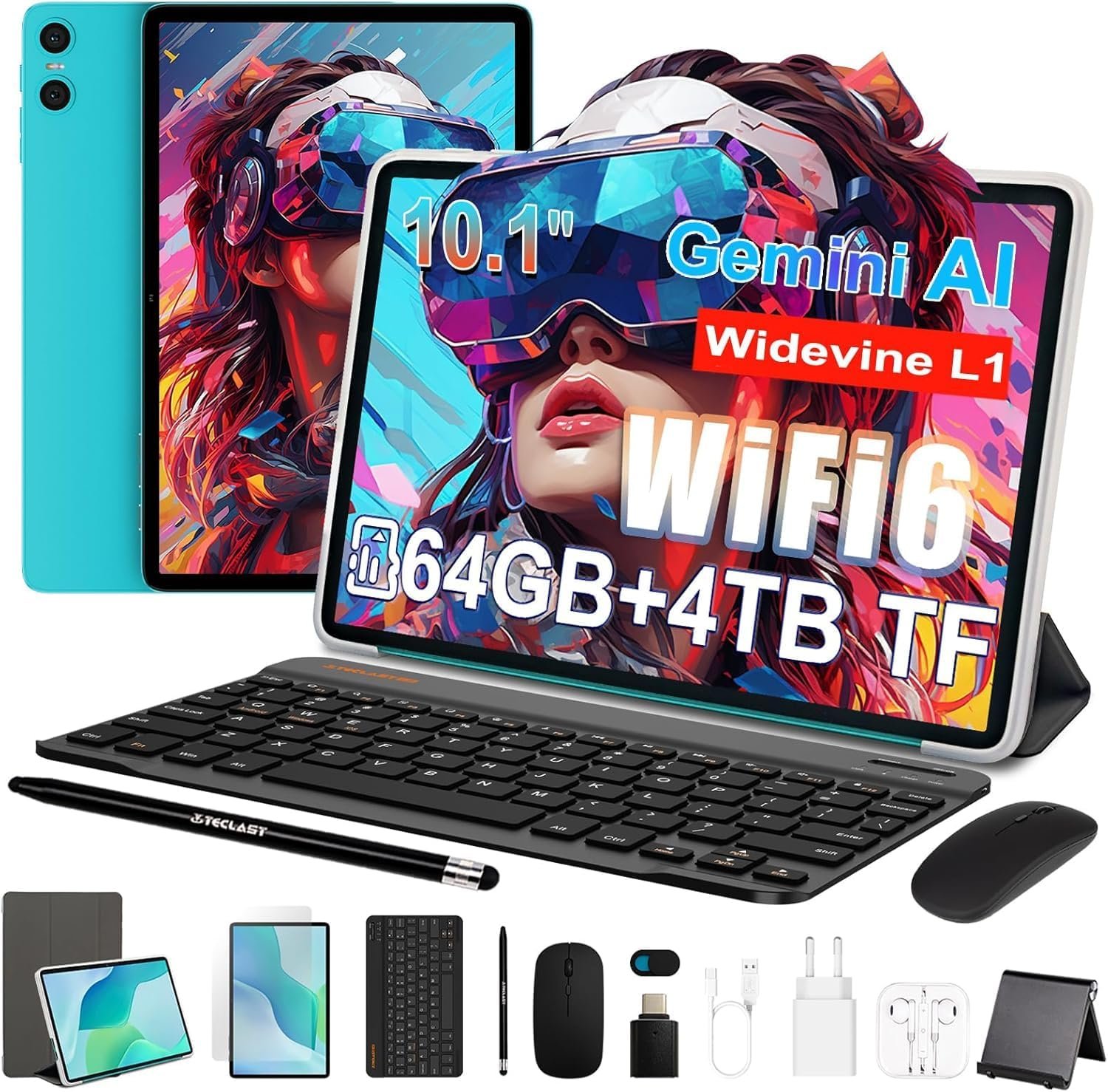 TECLAST 2026 10 inch Android Tablet, P33Case Android 15 Tablet with Keyboard Case Mouse Stylus, 64GB ROM+4TB Expansion,Gemini AI, WiFi 6, 9H 6000mah, 2 in 1 Tablets 10 Accessories Kit for Daily Use