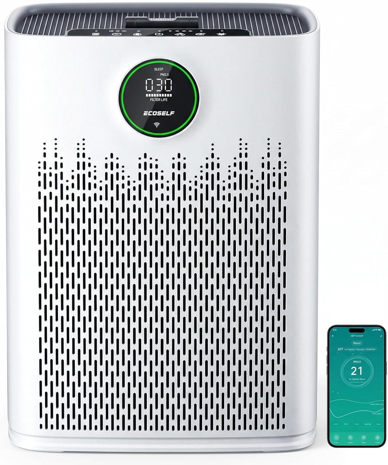 ECOSELF Smart Air Purifier for Home Large Rooms, with WiFi Control, Covers Up to 2400 Ft², Smart Mode, AQI Display, 22dB Sleep Mode, HAP603WF, White