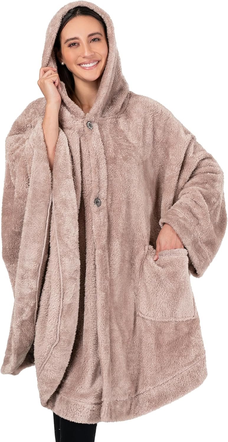 PAVILIA Angel Wrap Hooded Blanket Poncho, Wearable Blanket Throw Wrap Poncho for Women Adult, Cozy Fluffy Sherpa Shawl Cape