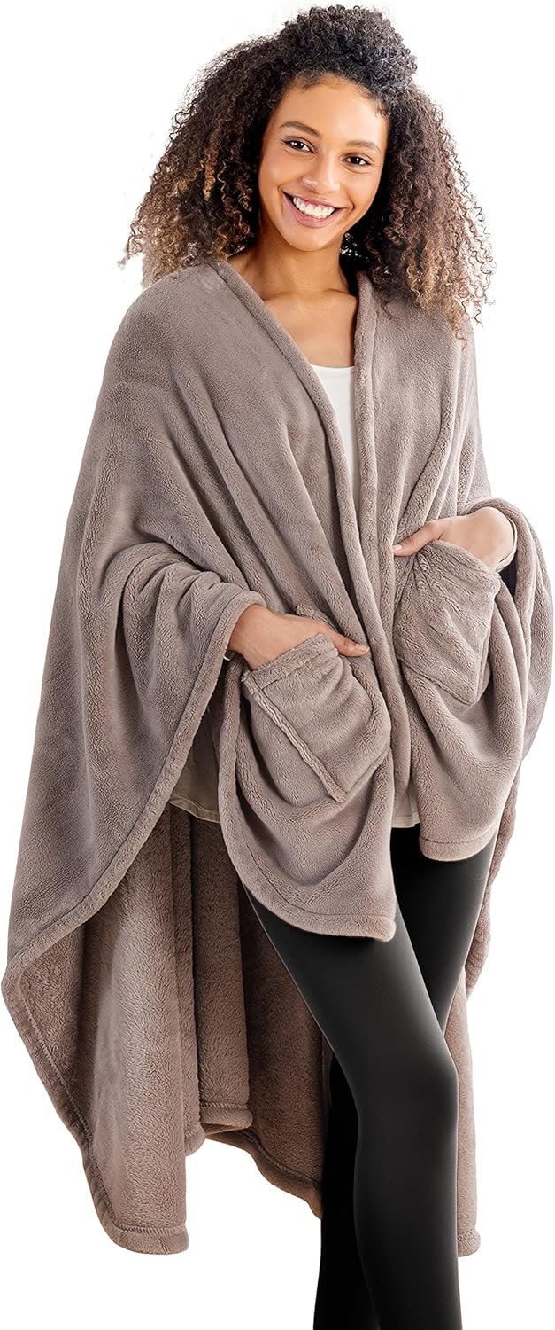 Berkshire Blanket Primalush™ Wearable Blanket, Cozy Loungewear Pocketed Plush Cape Wrap for Adults & Teens(Brown, One Size 58″X64″)