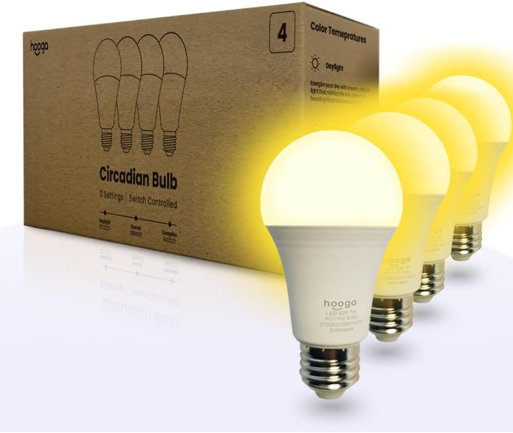 hooga Circadian Rhythm Full Spectrum LED Light Bulb – 2700K, 2100K, 1400K, Flicker-Free, Blue Light Free Night Mode, 7W Energy Efficient Warm White for Sleep, Relaxation & Focus – 4 Pack