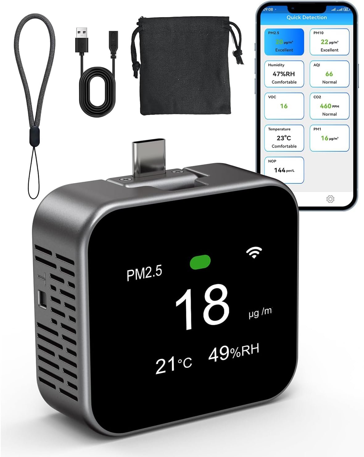 Air Quality Monitor Plug-in, Portable Air Tester for PM2.5, CO2, TVOC, PM10, Temperature, Humidity with Visual and Audible Alarm, App Control for Indoor and Outdoor