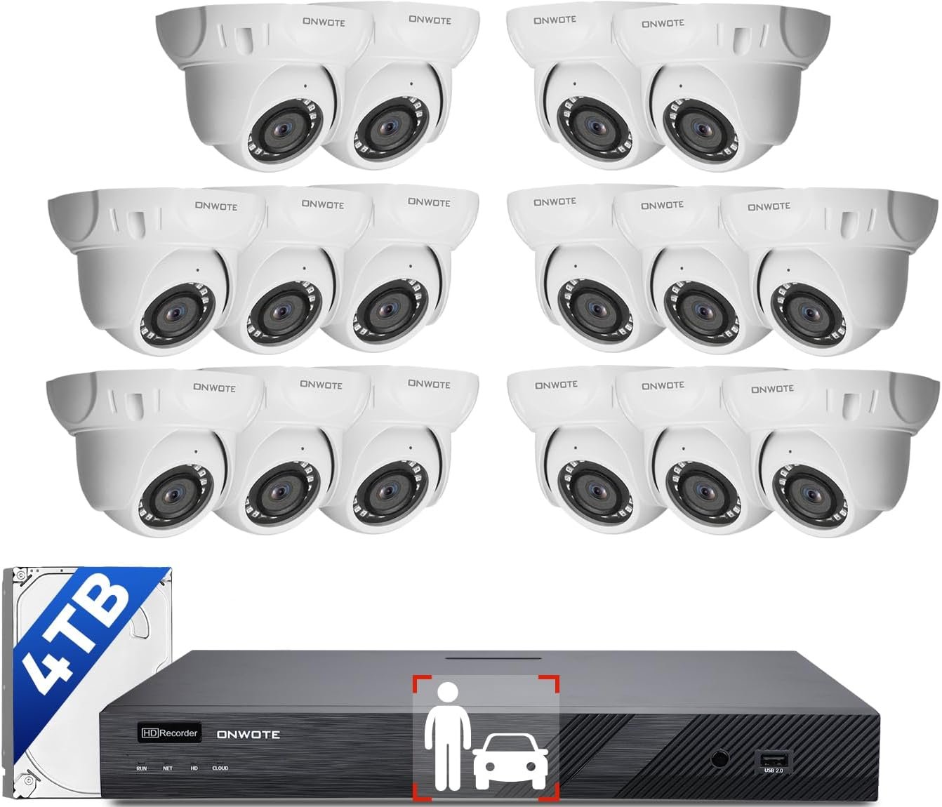 ONWOTE 16 Channel NVR PoE Security Camera System, AcuSearch, 12MP 4K 16CH Commercial NVR 4TB, 16x 5MP Wired Outdoor 122° IP Cameras with Audio, AI Detection, Total Cables 1280ft, CCTV Business Home