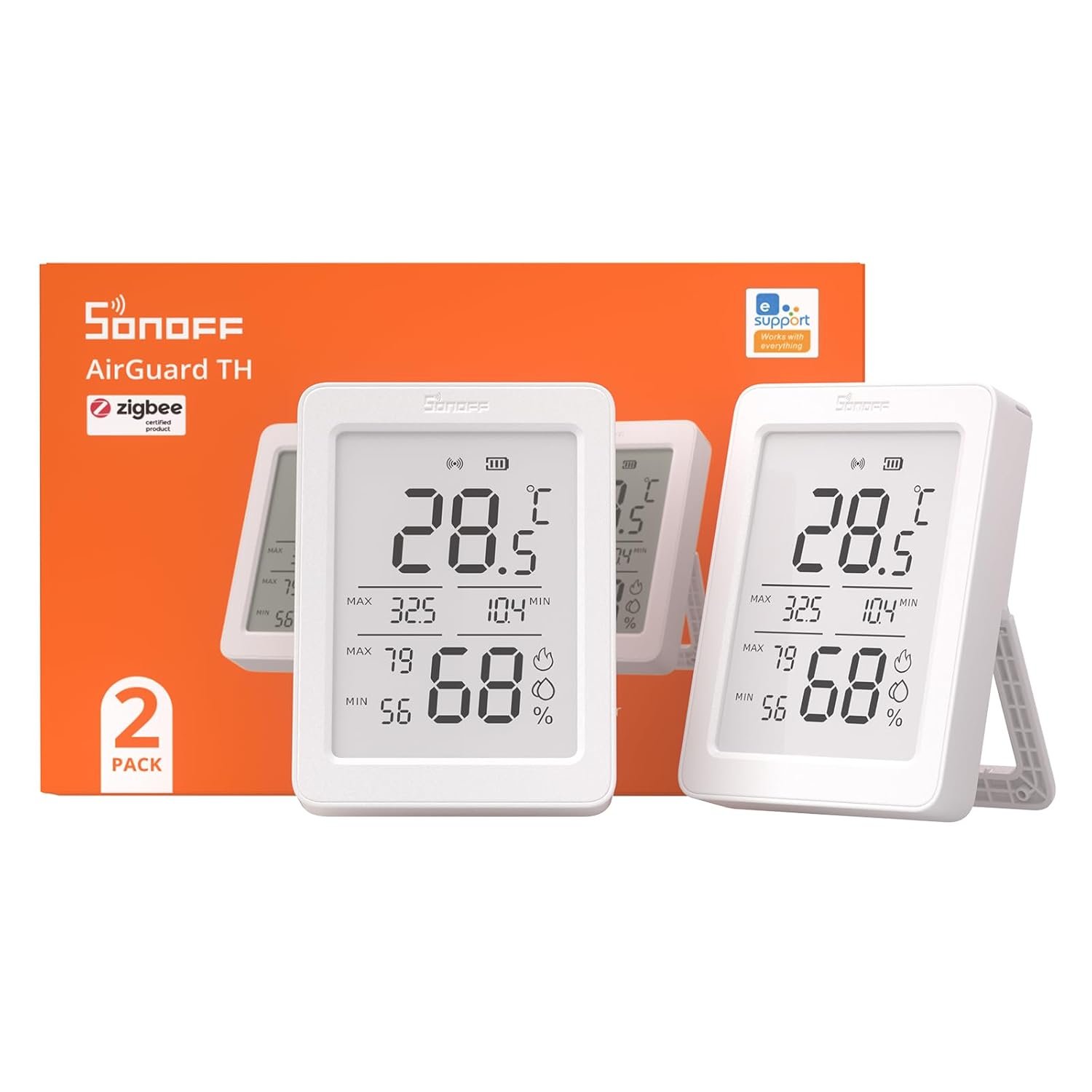 SONOFF SNZB-02DR2 AirGuard TH, Indoor Smart Zigbee Temperature and Humidity Sensor, 3.6” LCD Display, App Monitoring with Charts, Notification Alerts, Data Export, Remote Data Display, 2-Pack
